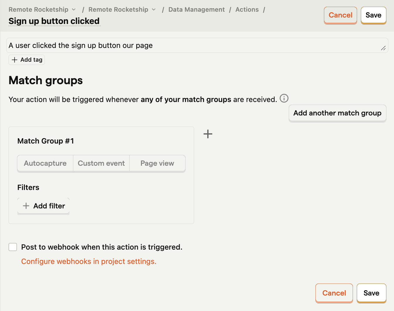 form to create a new action, with 'Sign up button clicked' set as the name