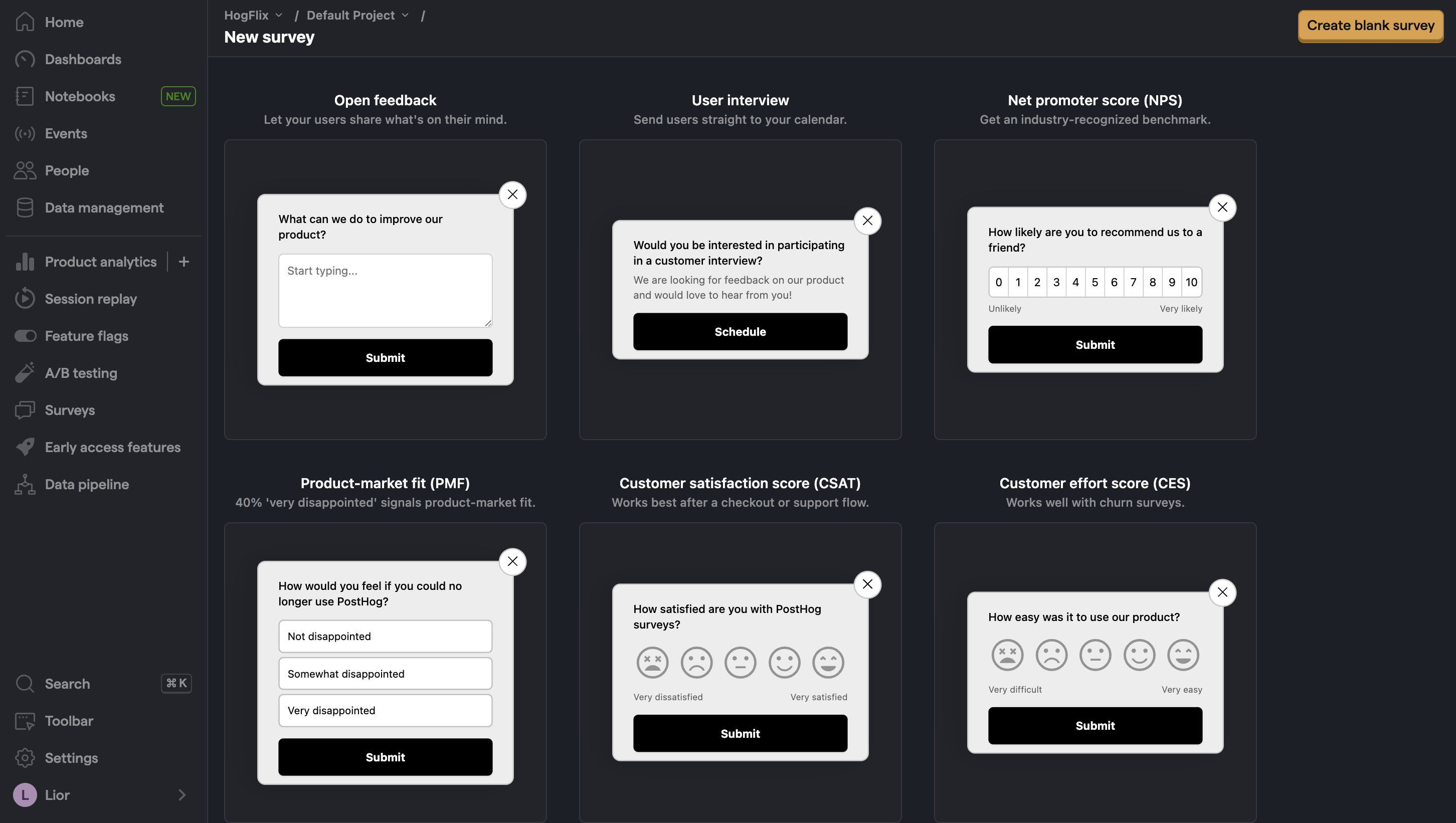 PostHog survey templates